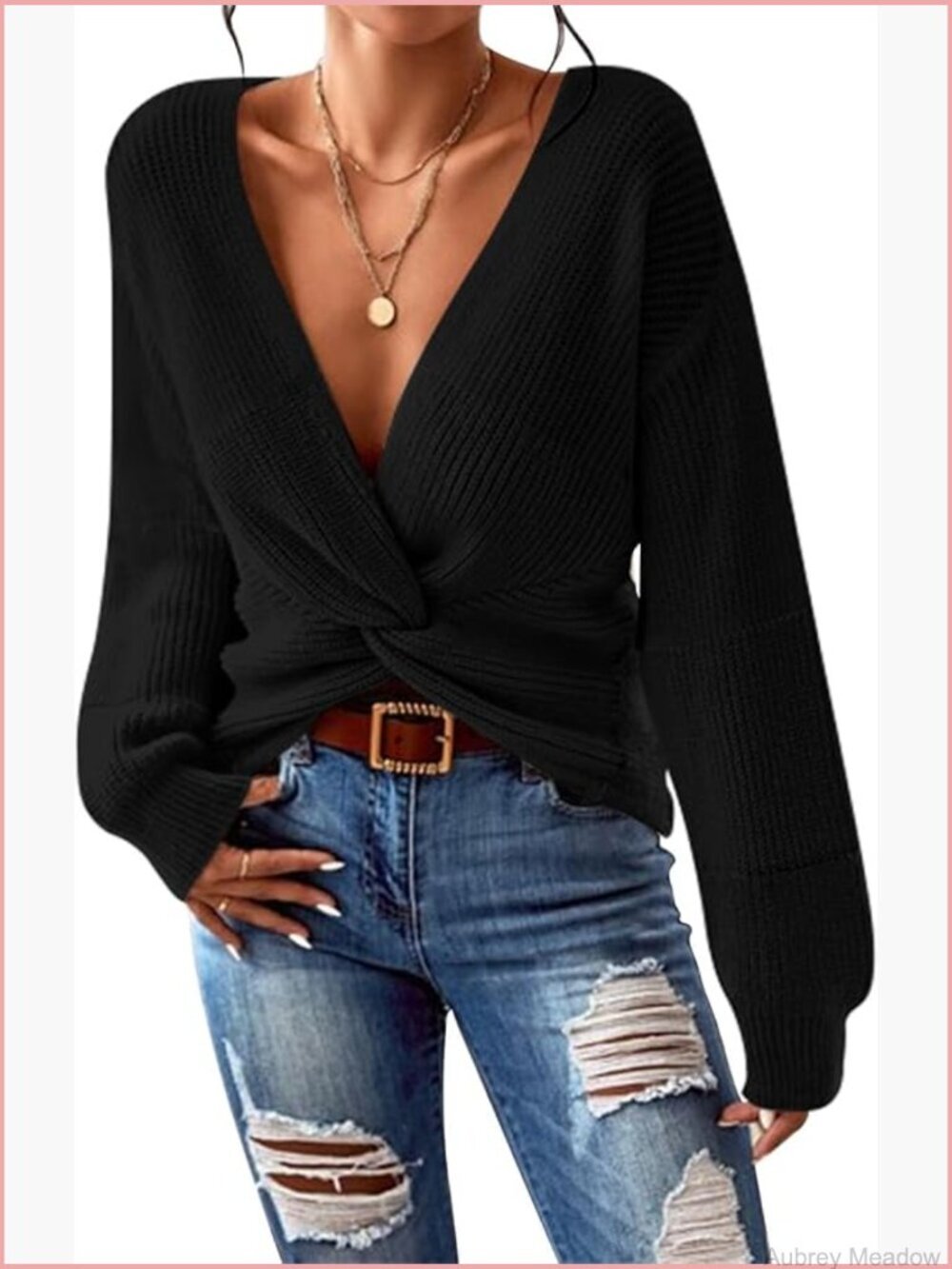 V Neck Long Sleeve Twist Knot Cropped Knit Pullover Sweater Top